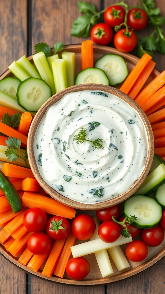 Creamy spinach and yogurt dip in a bowl with fresh vegetable sticks on a wooden platter.